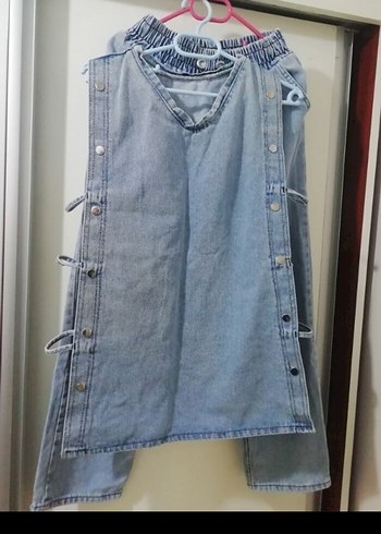 Düğmeli Gri Mavi Midi Boy Kadın Kot Pantolon - Görsel 2