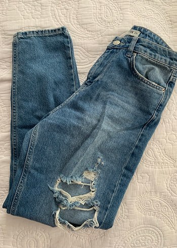 s Beden Kadın Mavi Yırtık Bol Kesim Midi Denim Pantolon