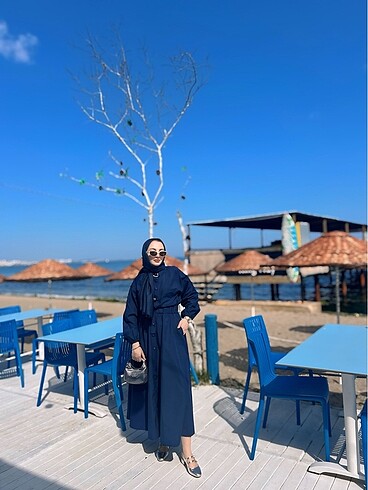 lacivert belden büzgülü poplin elbise