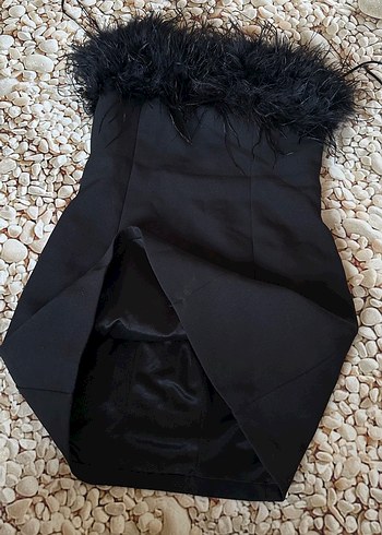 Siyah Mini Straplez Kürk Detaylı Elbise - Görsel 11