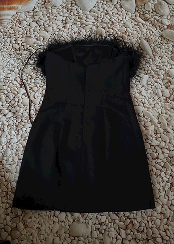 Siyah Mini Straplez Kürk Detaylı Elbise - Görsel 12