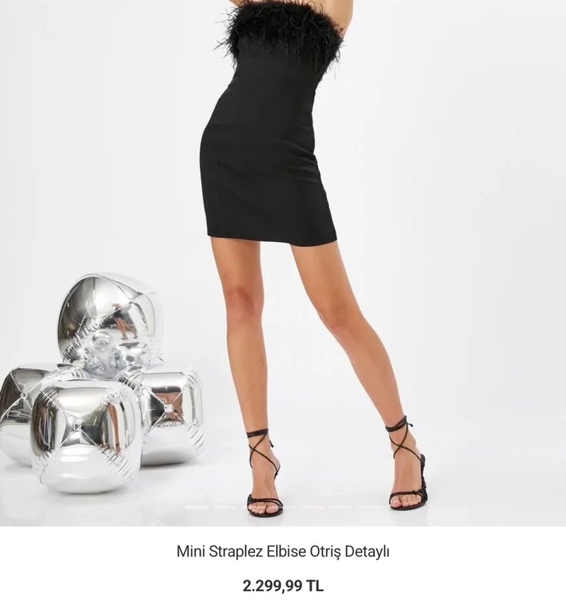 Siyah Mini Straplez Kürk Detaylı Elbise - Görsel 3