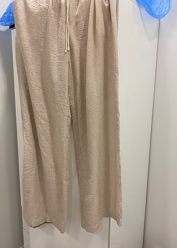 l Beden camel Renk Kadın bershka rustik çizgili keten pantolon