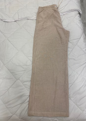 Kadın bershka rustik çizgili keten pantolon