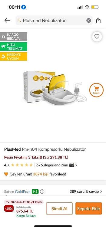 PlusMed kompresörlü nebulizatör.