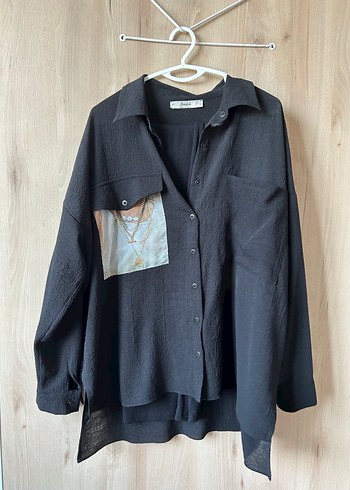 Seçil marka Düğmeli Siyah Keten Oversize Kadın Gömlek