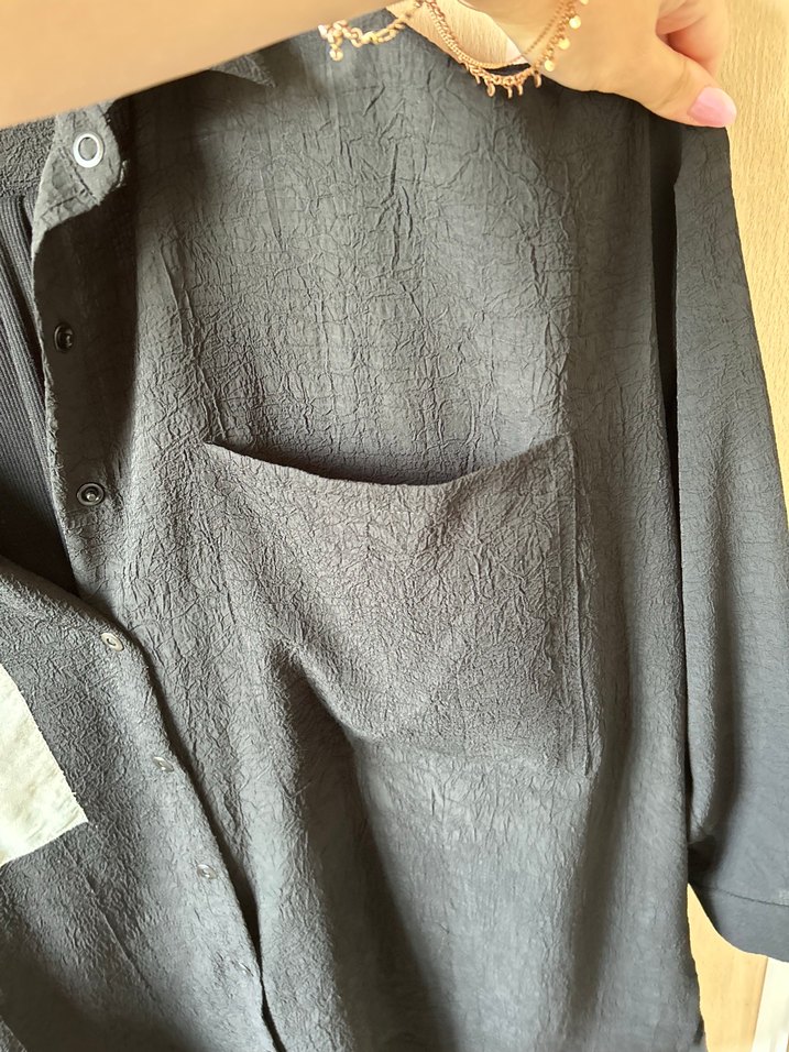 Seçil marka Düğmeli Siyah Keten Oversize Kadın Gömlek - Görsel 4