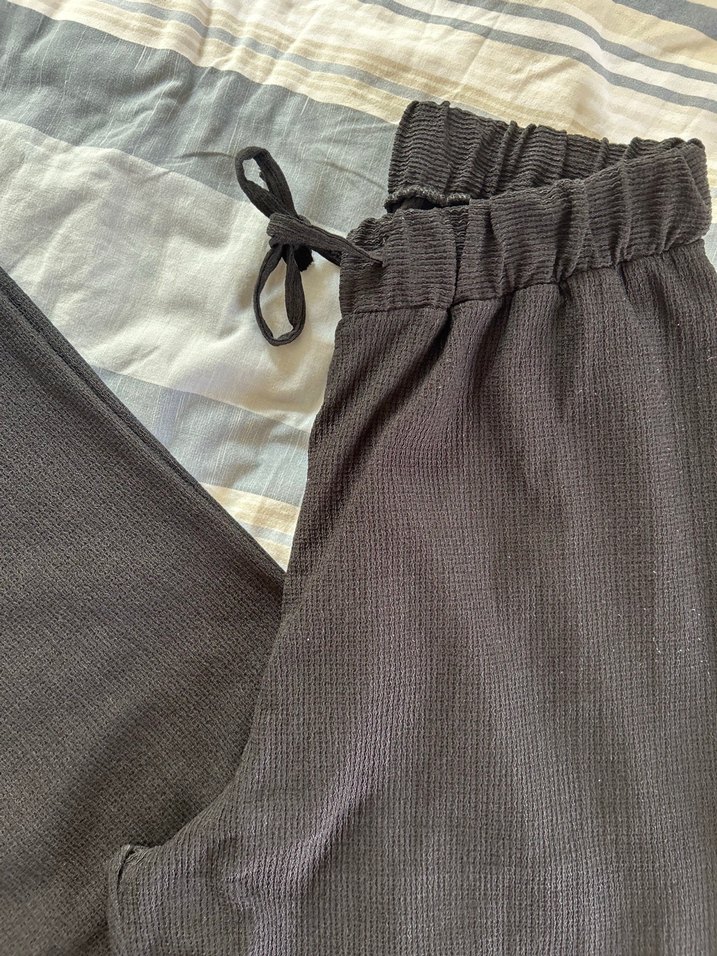 Siyah,Pilili, Rahat Kesim Keten Kadın Pantolon - Görsel 3