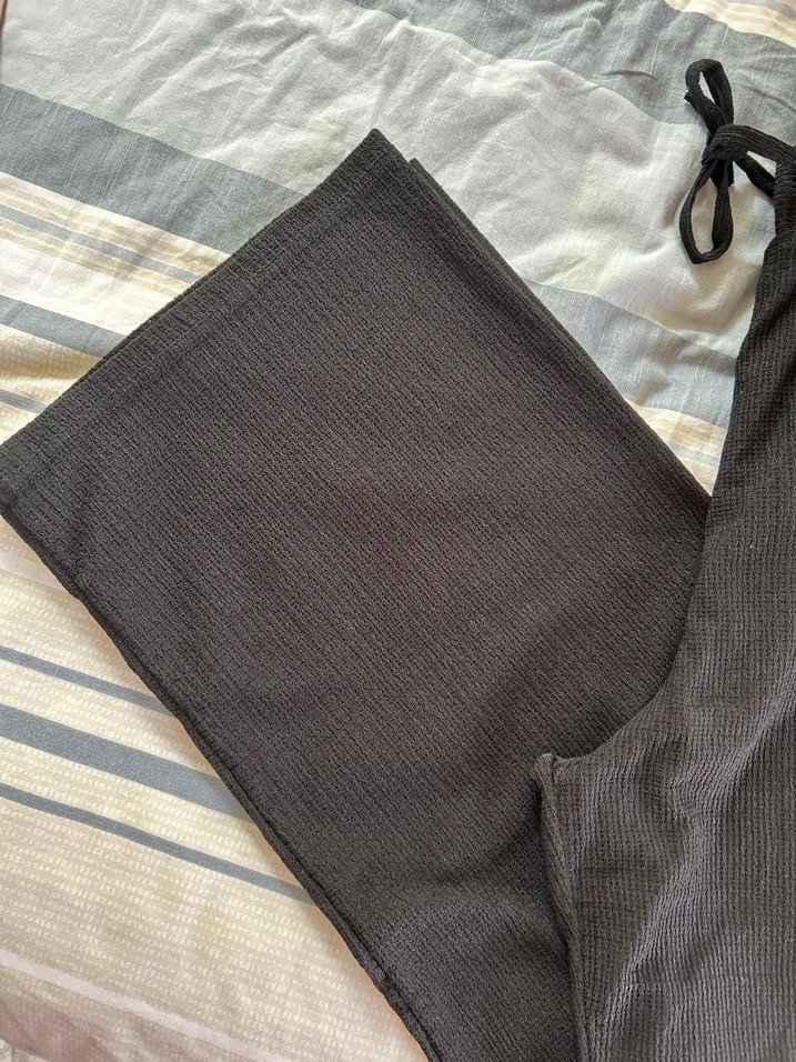 Siyah,Pilili, Rahat Kesim Keten Kadın Pantolon - Görsel 2