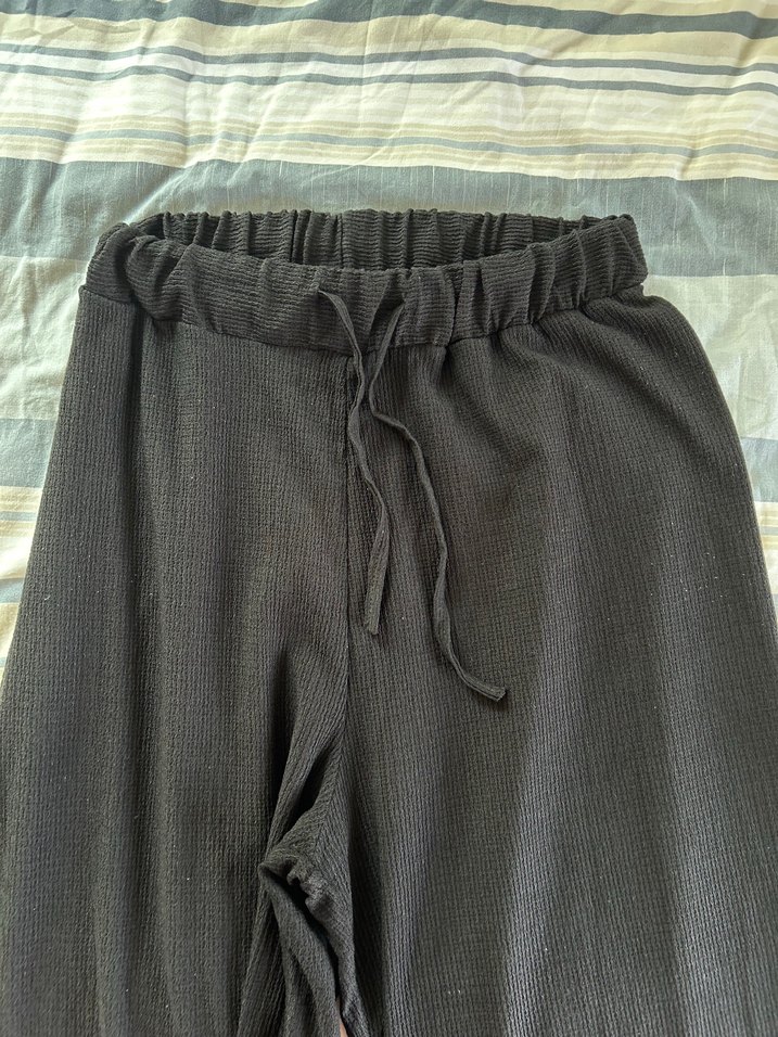 Siyah,Pilili, Rahat Kesim Keten Kadın Pantolon - Görsel 5