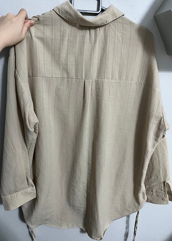 Bej Kadın Keten Gömlek, Düğmeli, Uzun Kollu - Görsel 2