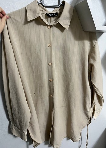 Bej Kadın Keten Gömlek, Düğmeli, Uzun Kollu - Görsel 3