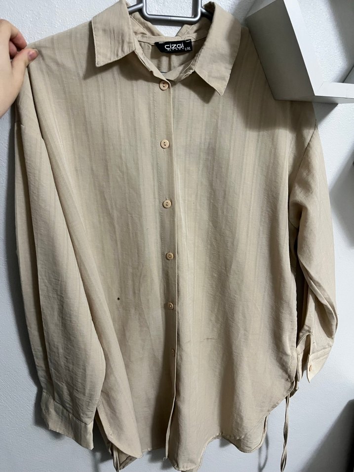 Bej Kadın Keten Gömlek, Düğmeli, Uzun Kollu - Görsel 3