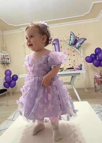 12-18 Ay Beden mor Renk Lila Kelebek Desenli Kız Çocuk Elbisesi Abiyesi