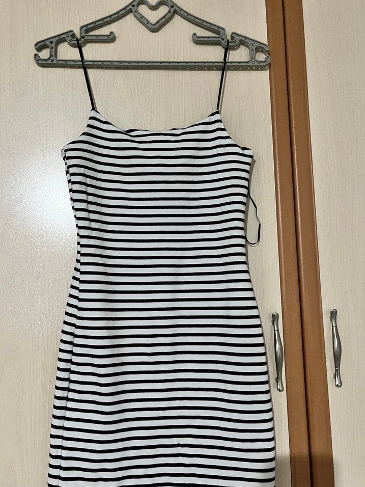 Çizgili Beyaz  Mini Elbise - Görsel 2