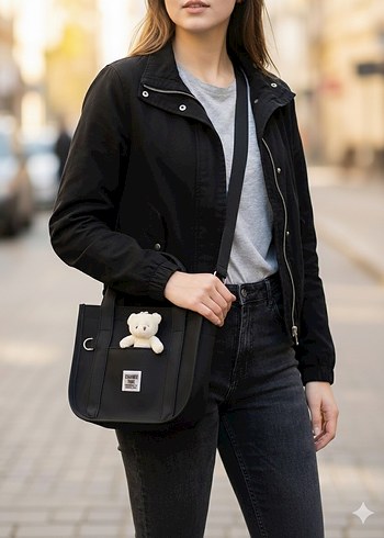 Siyah Deri Kadın Omuz Çantası Ayıcık Detaylı - Görsel 2