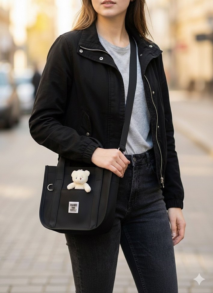 Siyah Deri Kadın Omuz Çantası Ayıcık Detaylı - Görsel 2