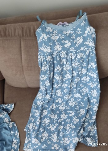 s Beden Uzun, bol kesim, mavi çiçekli kadın pijama takımı lohusa takımı