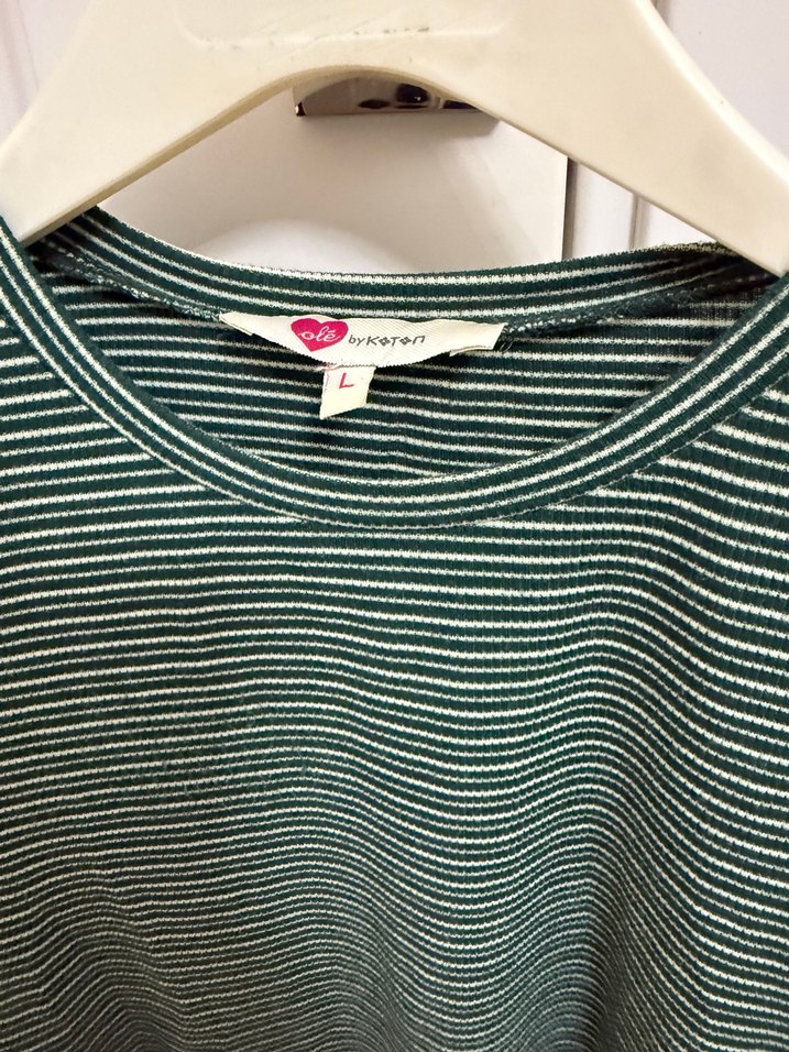 Kadın Koyu Yeşil Çizgili Pilili Tişört - Görsel 3