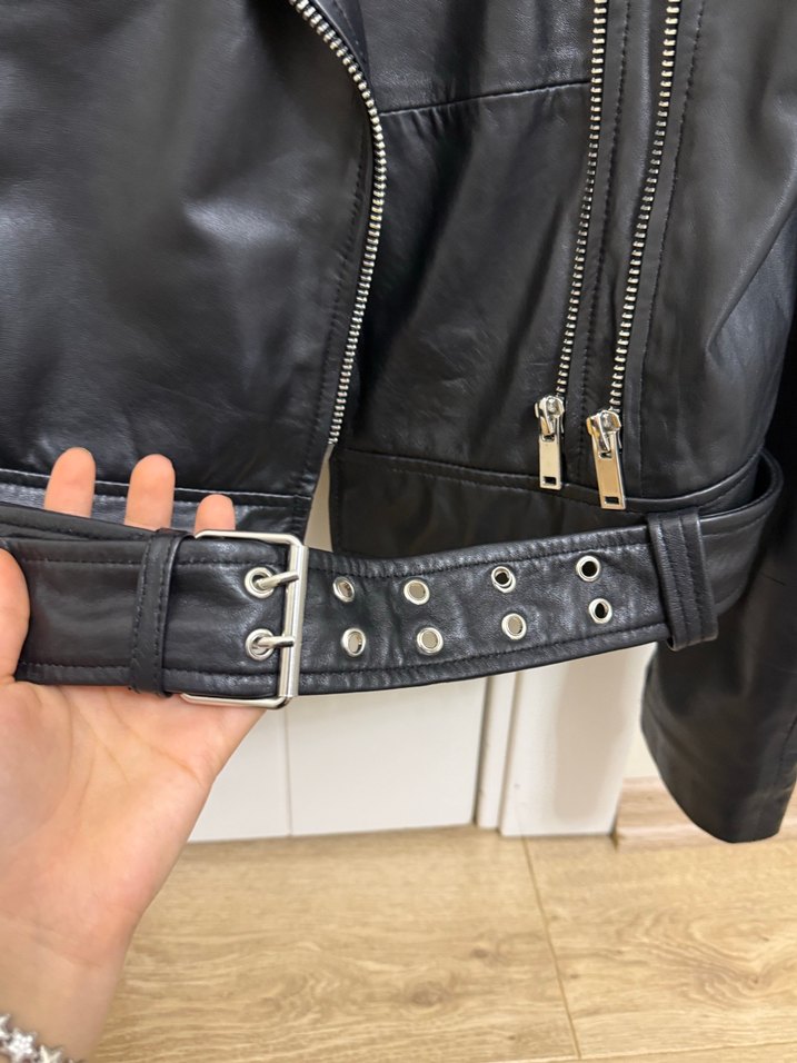 ZARA Siyah Deri Kemerli Biker Ceket - Görsel 3
