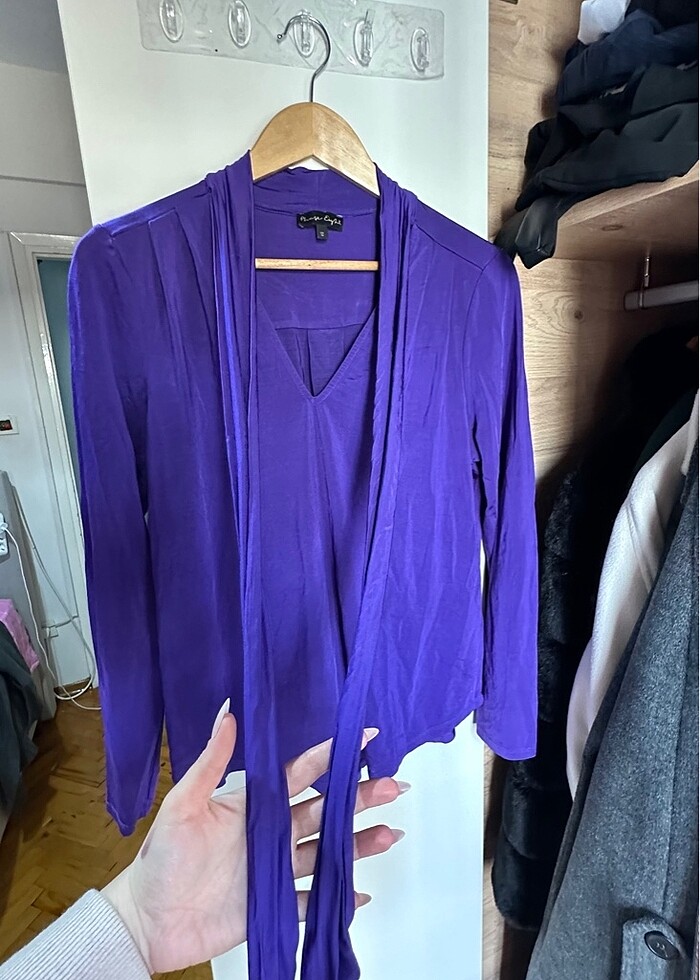 yakası bağlama detaylı mor bluz - Görsel 2