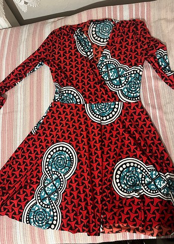 Uzun Kollu Kırmızı Bohem V Yaka Elbise - Görsel 2