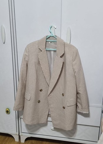 Bej Kadın Keten Midi Blazer Ceket