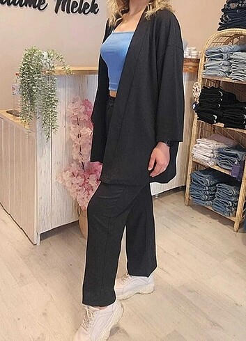 Bürümcük Kumaş siyah Kimono Takım Alt Üst 