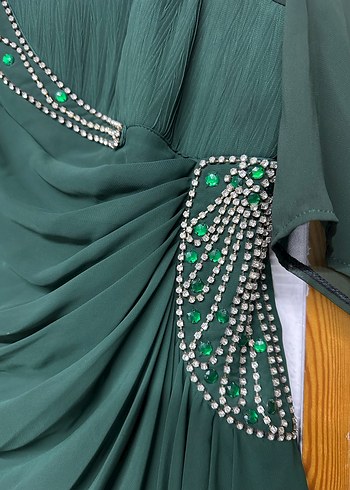Koyu Yeşil Drapeli Uzun Kadın Abiye Elbise - Görsel 2