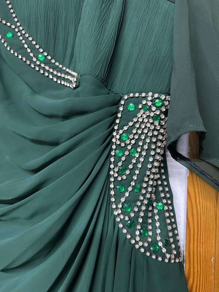 Koyu Yeşil Drapeli Uzun Kadın Abiye Elbise - Görsel 2