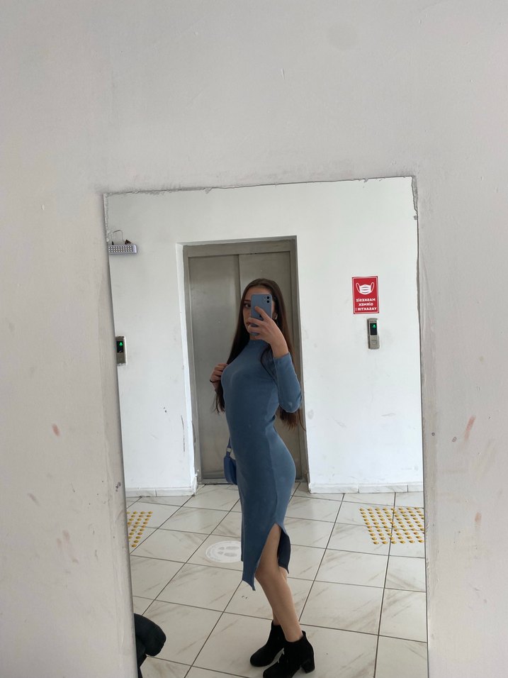 Mavi Midi Hamile Elbisesi, Uzun Kollu, Yüksek Yaka - Görsel 2