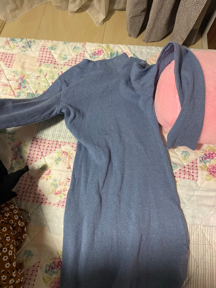 Mavi Midi Hamile Elbisesi, Uzun Kollu, Yüksek Yaka - Görsel 3