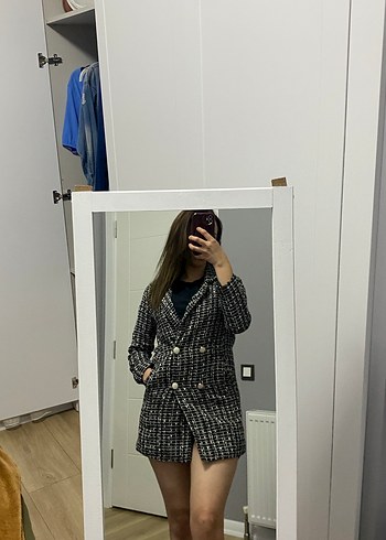 Gri Ekose Desenli Düğmeli Midi Blazer - Görsel 2
