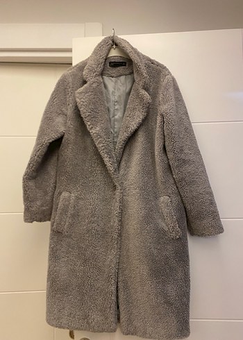 Gri Midi Peluş Kadın Kaban - Görsel 2