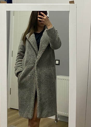 Gri Midi Peluş Kadın Kaban - Görsel 3