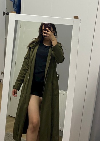 Kadın Haki Uzun Kuşaklı mont - Görsel 2