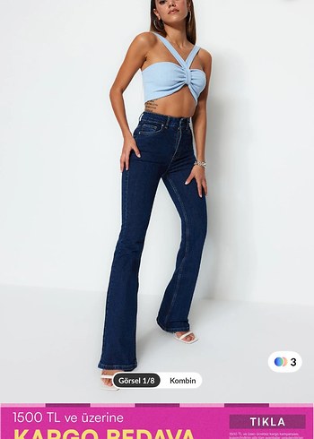 Düğmeli Mavi Kadın Kot Pantolon - Görsel 7