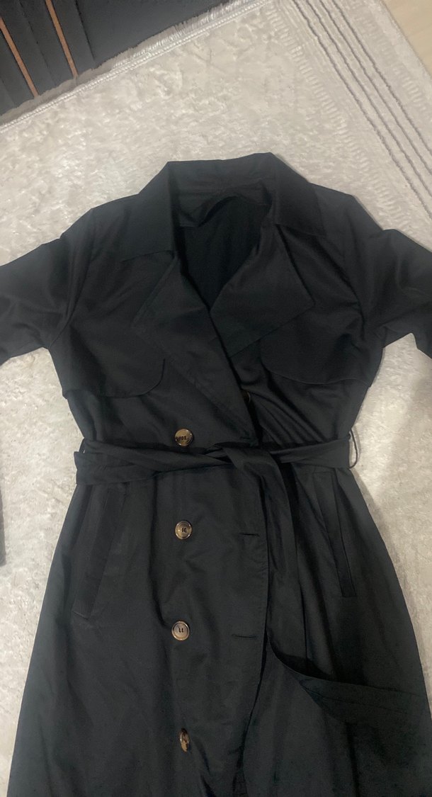 Siyah Uzun Keten Kadın Trençkot - Görsel 2