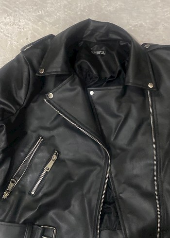 Kadın Siyah Deri Kemerli Biker Ceket - Görsel 2