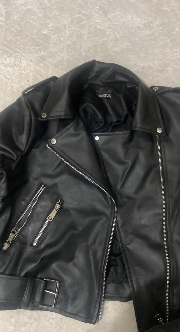 Kadın Siyah Deri Kemerli Biker Ceket - Görsel 2