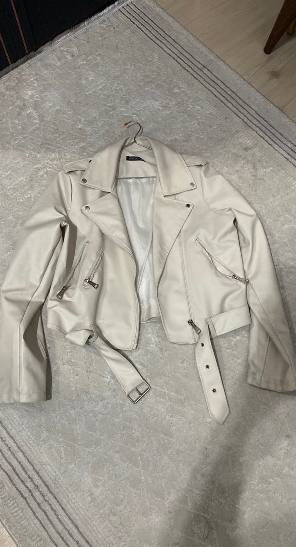 Kemerli Beyaz Deri Kadın Ceket - Görsel 2