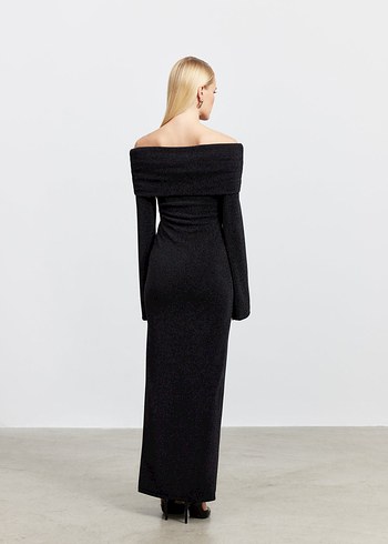 Uzun Siyah Drapeli Kadın Elbise - Görsel 3