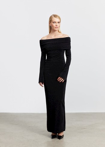 Uzun Siyah Drapeli Kadın Elbise - Görsel 2