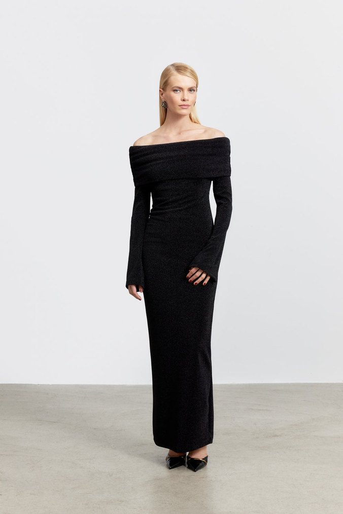 Uzun Siyah Drapeli Kadın Elbise - Görsel 2