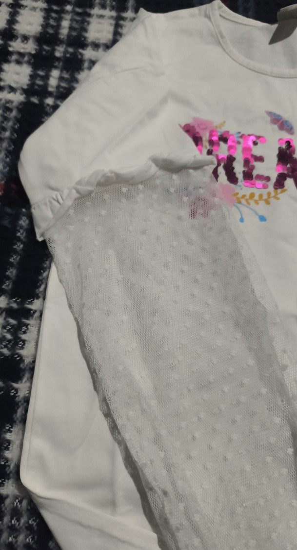 Kız Çocuk Beyaz Uzun Kollu Dantel Detaylı Tişört - Görsel 3