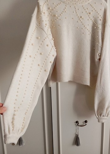 İnci İşlemeli Krem Triko Kazak - Görsel 2