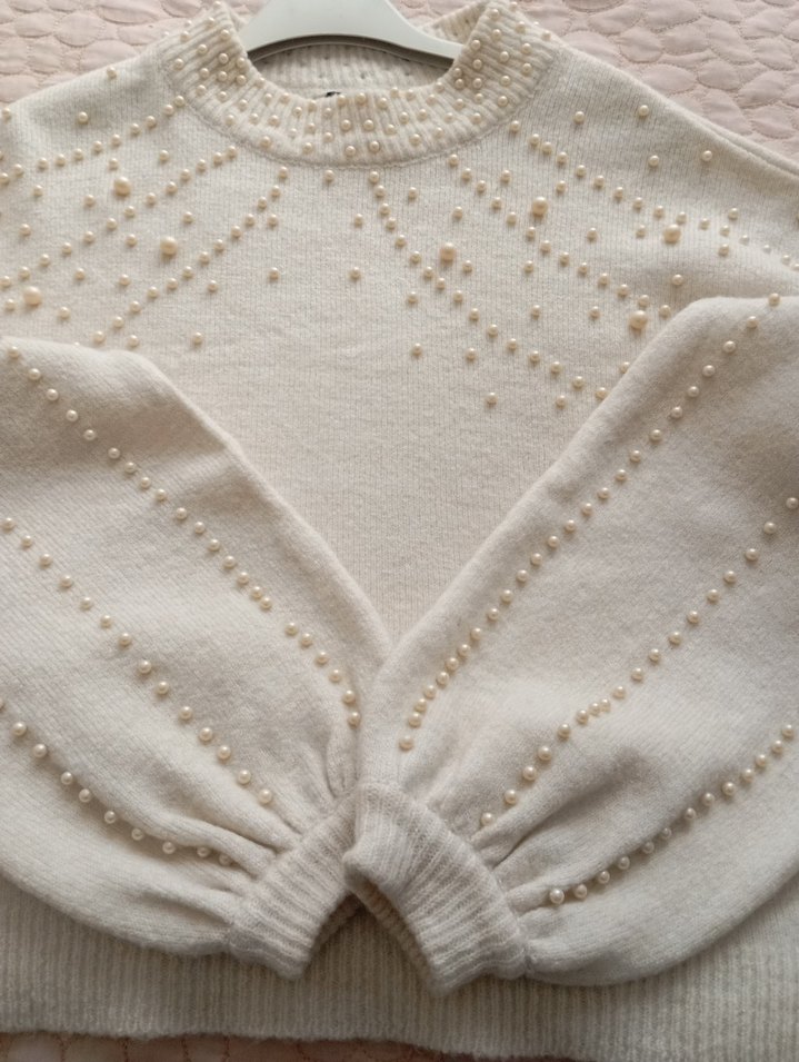 İnci İşlemeli Krem Triko Kazak - Görsel 5