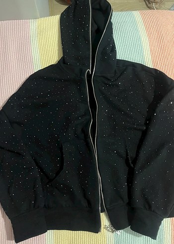Kadın Siyah Taşlı Kapüşonlu Sweatshirt