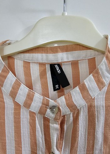 Bej Çizgili Uzun Bol Kesim Keten Elbise - Görsel 2