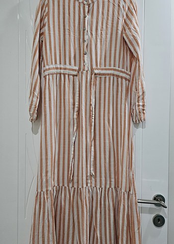 Bej Çizgili Uzun Bol Kesim Keten Elbise - Görsel 3